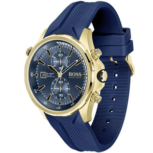 Angled view of the Hugo Boss 1513822 highlighting the gold pushers and blue dial depth