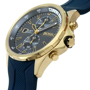 Detailed side view of the gold crown and chronograph buttons on the Hugo Boss 1513822