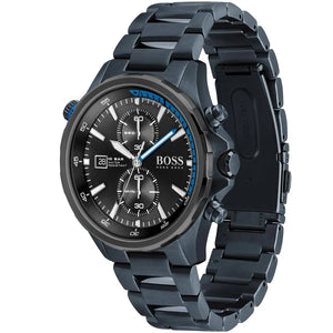 Detailed side view of the blue crown and chronograph buttons on the Hugo Boss 1513824