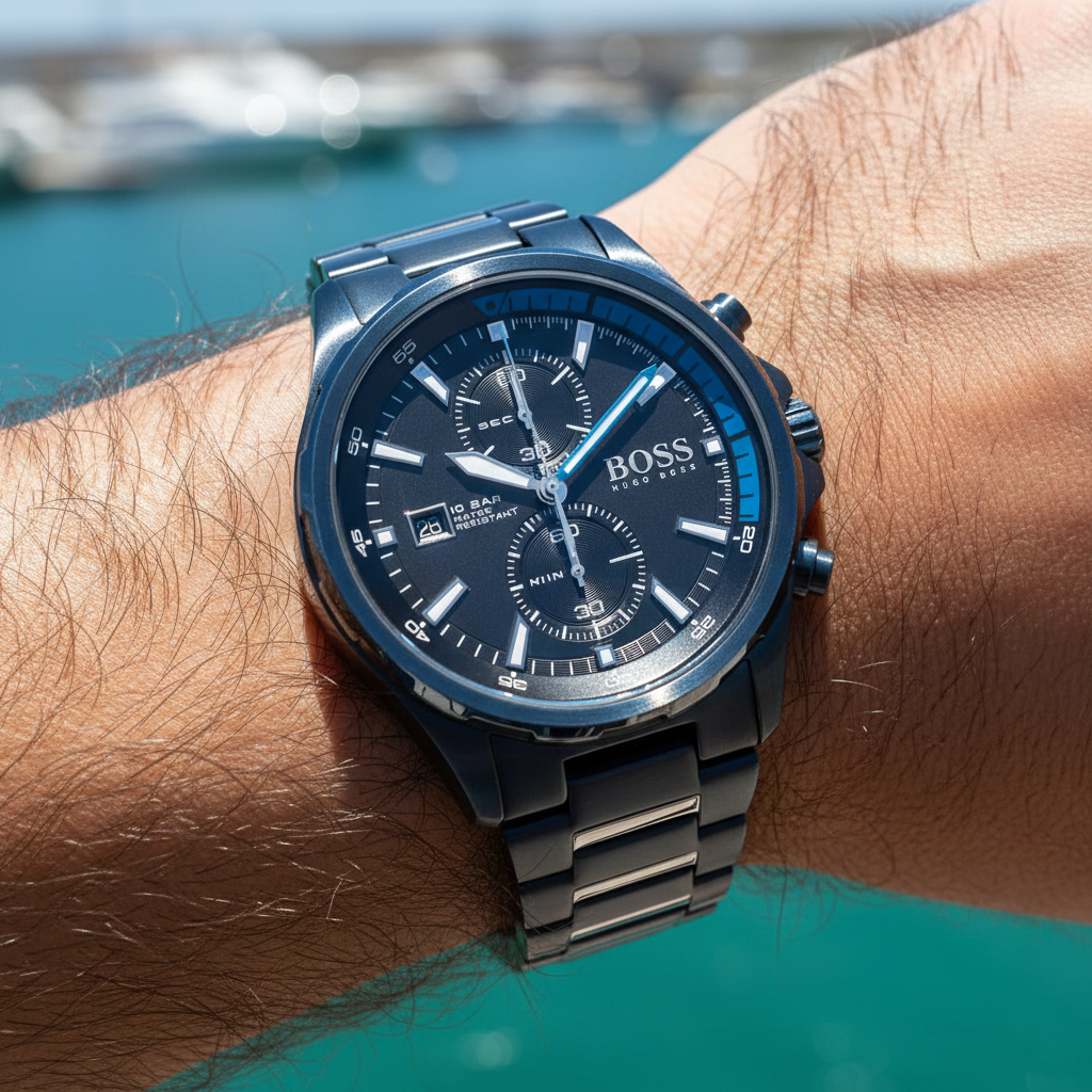 Close up shot of Hugo Boss Globetrotter 1513824 watch on wrist showing the blue metallic finish