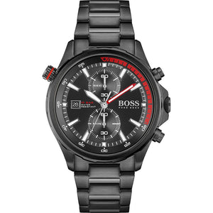 Hugo Boss Globetrotter 1513825 men's chronograph watch with all-black stainless steel bracelet and red dial accents