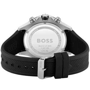 Stainless steel buckle clasp with engraved Boss logo on the black rubber strap of the 1513931