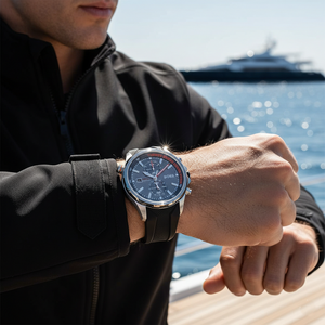 Male model wearing Hugo Boss Globetrotter 1513931 black rubber watch with an adventurous outfit