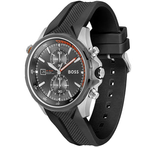 Side profile view of the stainless steel case of the Hugo Boss Globetrotter