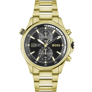 Hugo Boss Globetrotter 1513932 men's chronograph watch with gold-tone stainless steel strap and black dial