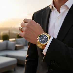Male model wearing Hugo Boss Globetrotter 1513932 watch with a smart casual outfit