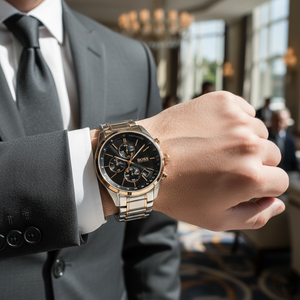 Male model wearing Hugo Boss Grand Prix 1513473 two-tone watch with a smart casual outfit