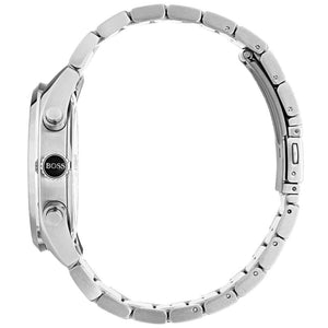 Detailed side view of the silver crown and buttons on the Hugo Boss 1513477