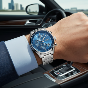 Male model wearing Hugo Boss Grand Prix 1513478 silver watch with a casual sporty outfit