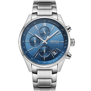 Hugo Boss Grand Prix 1513478 men's chronograph watch with silver stainless steel bracelet and blue sunray dial