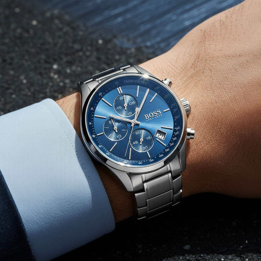 Close up shot of Hugo Boss Grand Prix 1513478 watch on wrist showing the blue dial and tachymeter bezel