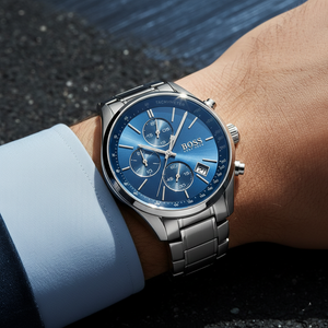 Close up shot of Hugo Boss Grand Prix 1513478 watch on wrist showing the blue dial and tachymeter bezel