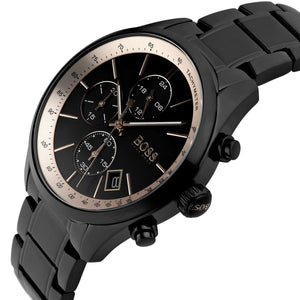 Angled view of the Hugo Boss 1513578 highlighting the black tachymeter bezel and gold pushers
