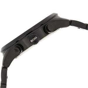 Detailed side view of the black crown and chronograph buttons on the Hugo Boss 1513578