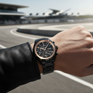 Male model wearing Hugo Boss Grand Prix 1513578 black and gold watch with a formal outfit