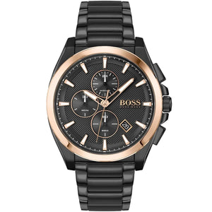 Hugo Boss Grandmaster 1513885 men's chronograph watch with gunmetal grey strap and rose gold bezel
