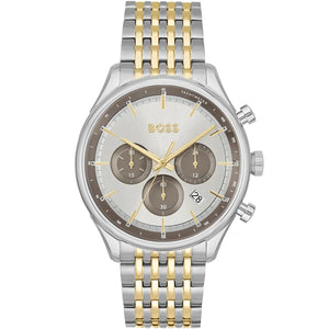 Hugo Boss Gregor 1514053 men's chronograph watch with two-tone silver and gold bracelet and grey dial
