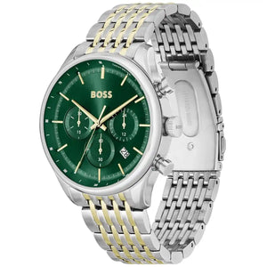 Angled view of the Hugo Boss 1514081 highlighting the gold pushers and two-tone bracelet