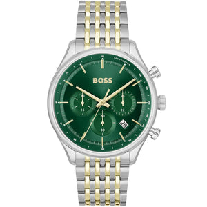 Hugo Boss Gregor 1514081 men's chronograph watch with two-tone silver and gold strap and green dial