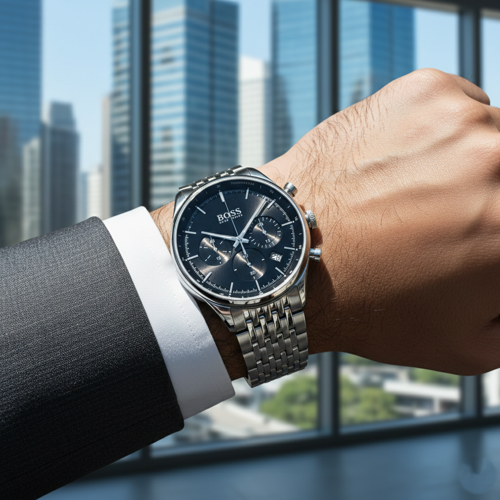 Close up shot of Hugo Boss Gregor 1514082 watch on wrist showing the black dial and tachymeter bezel