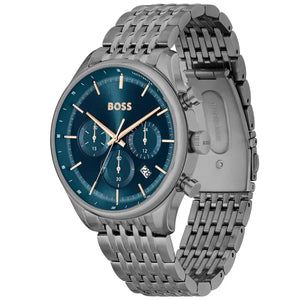 Angled view of the Hugo Boss 1514083 highlighting the gunmetal pushers and jubilee bracelet