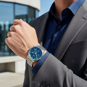Male model wearing Hugo Boss Gregor 1514083 grey watch with a smart casual outfit