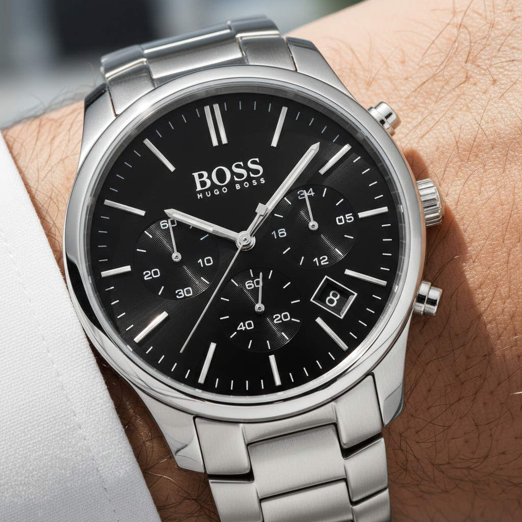 Close up shot of Hugo Boss Hero 1513433 watch on wrist showing the classic black dial and silver hands