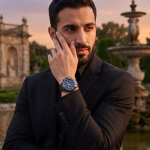 Lifestyle luxury shot featuring Hugo Boss Hero 1514270 chronograph men's watch.