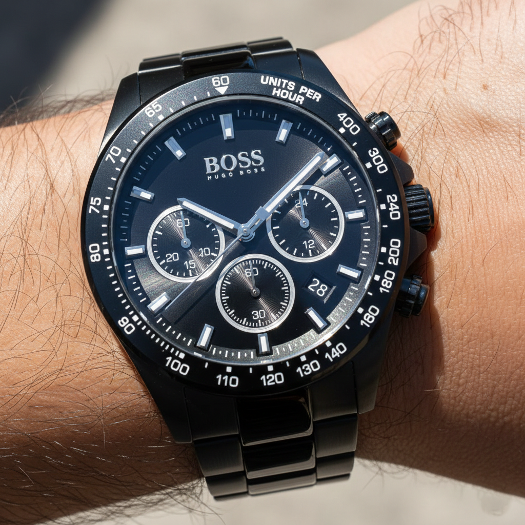 Close up shot of Hugo Boss Hero Sport 1513754 watch on wrist showing the black dial and tachymeter bezel