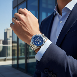 Male model wearing Hugo Boss Hero Sport 1513755 silver watch with a smart casual blue shirt