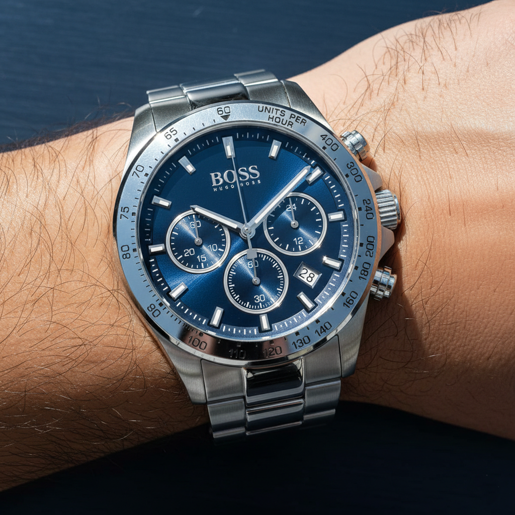 Close up shot of Hugo Boss Hero Sport 1513755 watch on wrist showing the blue sunray dial and tachymeter bezel