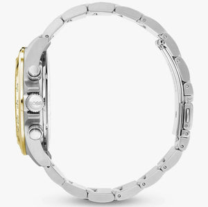 Left side perspective of the Hugo Boss 1513767 blue dial and two-tone bracelet link