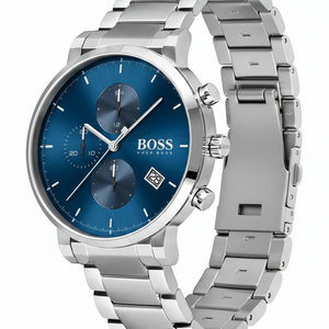 Left side perspective of the Hugo Boss 1513779 blue dial and silver bracelet link
