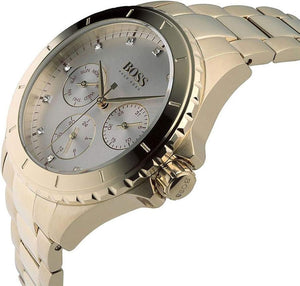 Angled shot highlighting the polished gold link bracelet of Hugo Boss 1502445