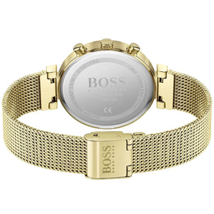 Perspective view of the gold sunray dial and crystal markers of Hugo Boss watch