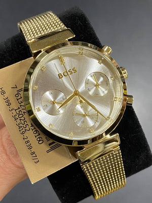 Authentic real life photo of Hugo Boss 1502552 showing true gold shine and crystals