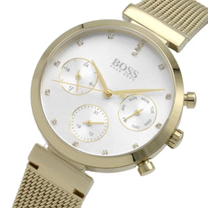 Right side view of Hugo Boss 1502552 showing gold stainless steel case and crown