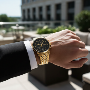 Male model wearing Hugo Boss Navigator 1513531 gold watch with a formal black suit