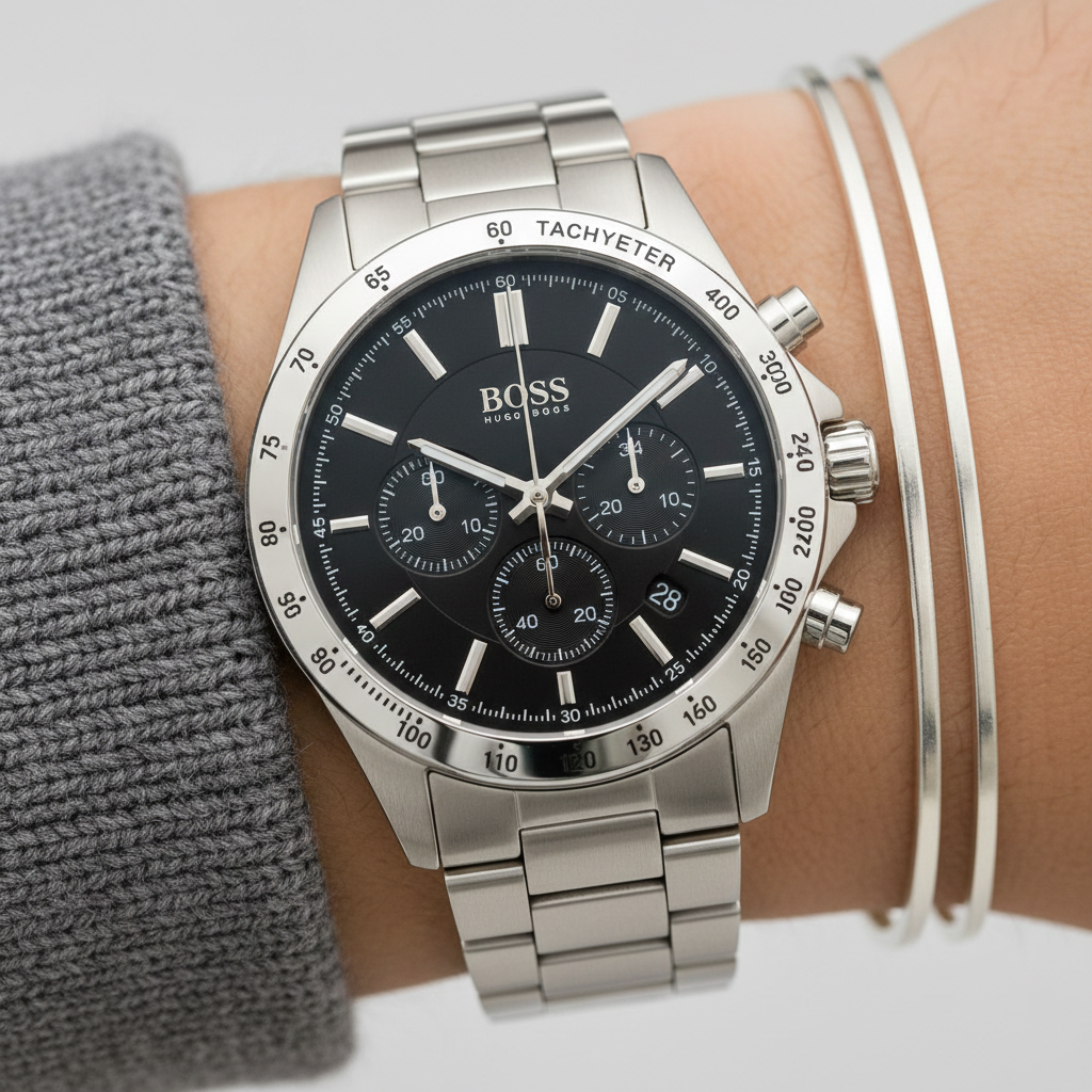 Close up of dark gray dial and silver markers of Hugo Boss 1502614