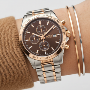 Close up of rich brown dial and multi-function sub-dials of Hugo Boss 1502617