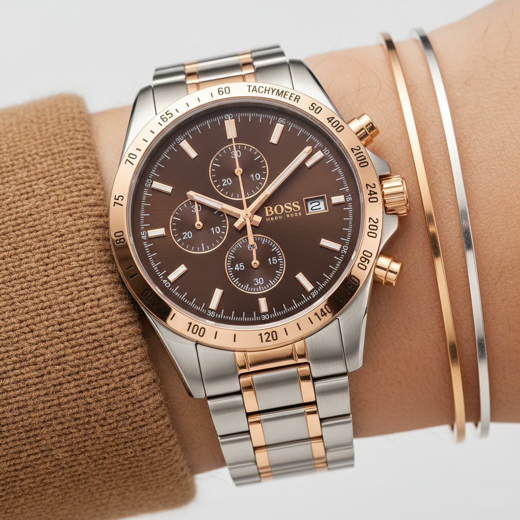 Close up of rich brown dial and multi-function sub-dials of Hugo Boss 1502617