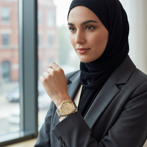 Woman wearing elegant Hugo Boss Novia 1502618 watch in two-tone gold and silver