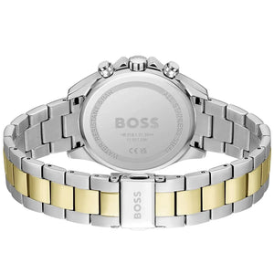 Profile view of Hugo Boss Novia showing case thickness and gold accented bracelet