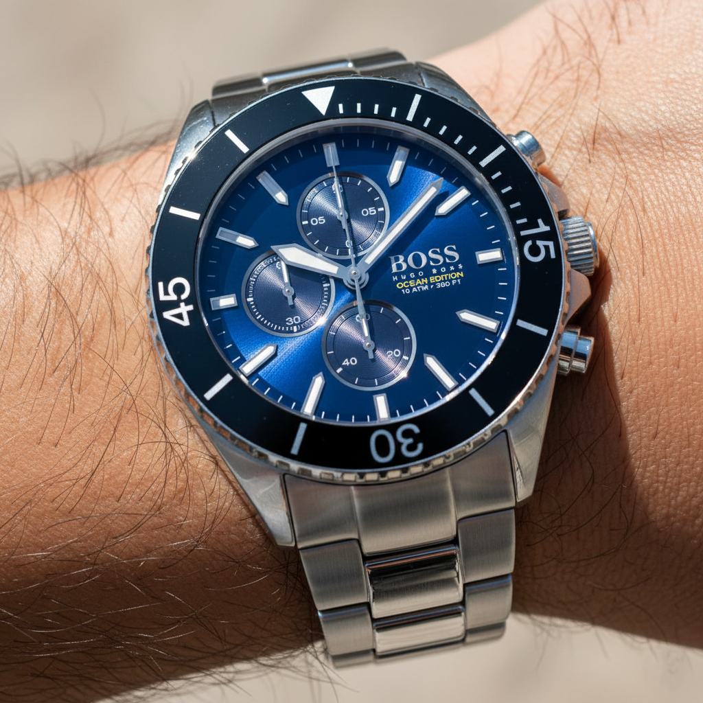 Close up shot of Hugo Boss Ocean Edition 1513704 watch on wrist showing the blue dial and rotating bezel