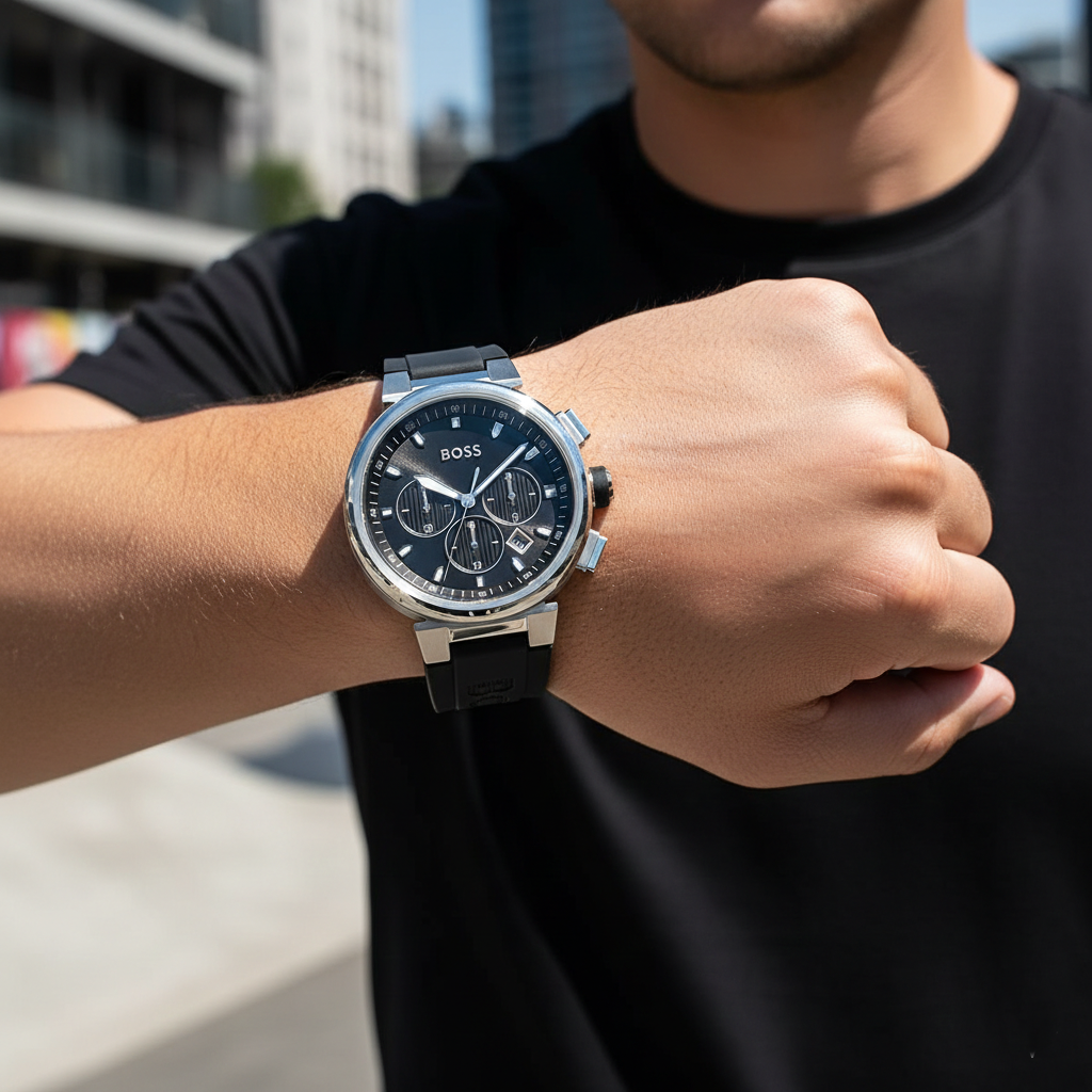 Close up shot of Hugo Boss One 1513997 watch on wrist showing the black dial and silver details