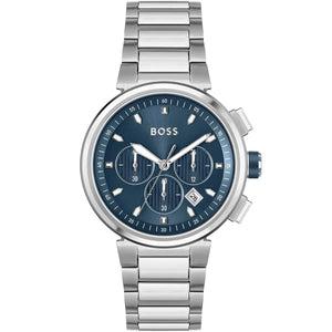 Hugo Boss One 1513999 men's chronograph watch with silver stainless steel strap and blue sunray dial