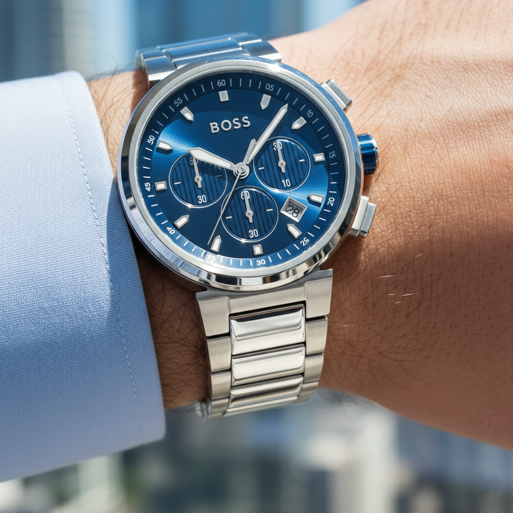 Close up shot of Hugo Boss One 1513999 watch on wrist showing the blue dial and date window