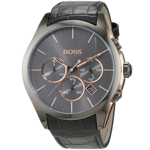 Angled view of the Hugo Boss 1513366 highlighting the gunmetal case and pushers