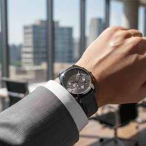 Male model wearing Hugo Boss Onyx 1513366 grey watch with a formal business suit