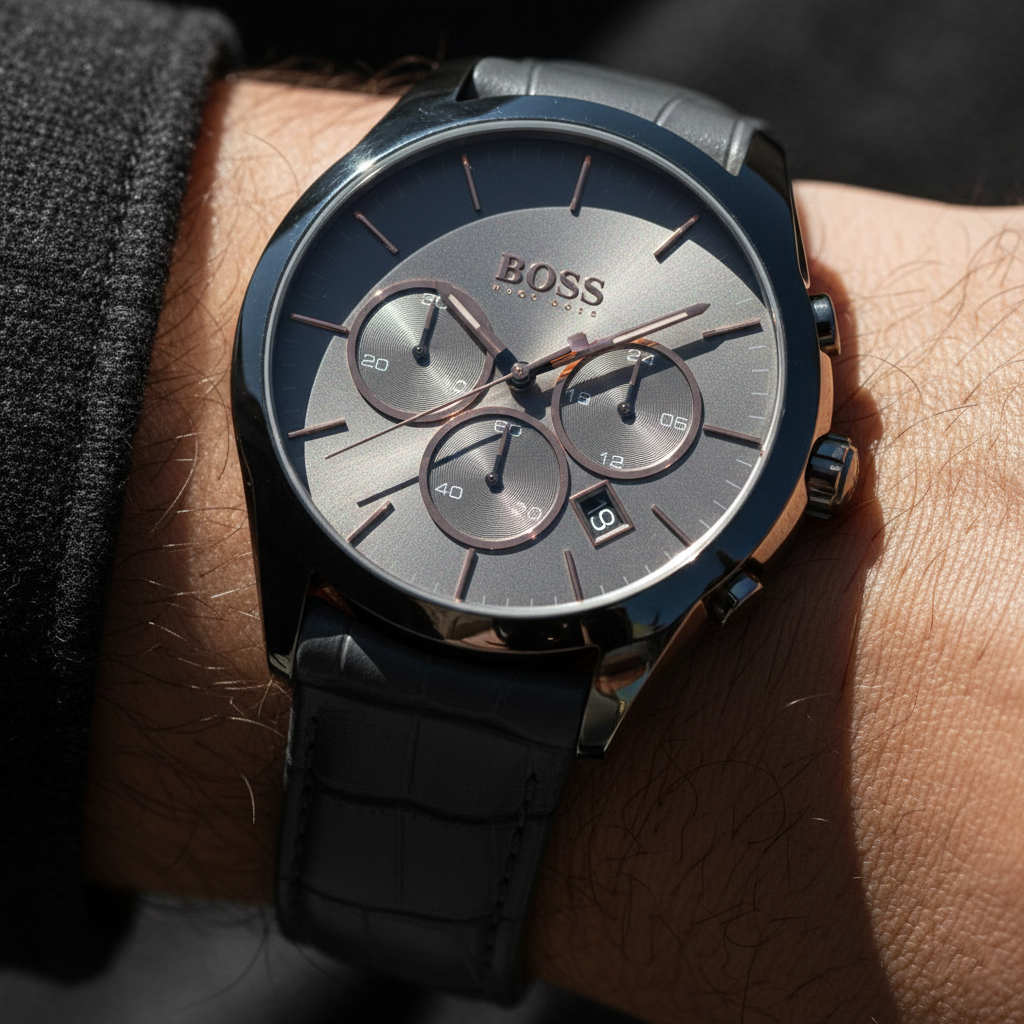 Close up shot of Hugo Boss Onyx 1513366 watch on wrist showing the rose gold hands and date window